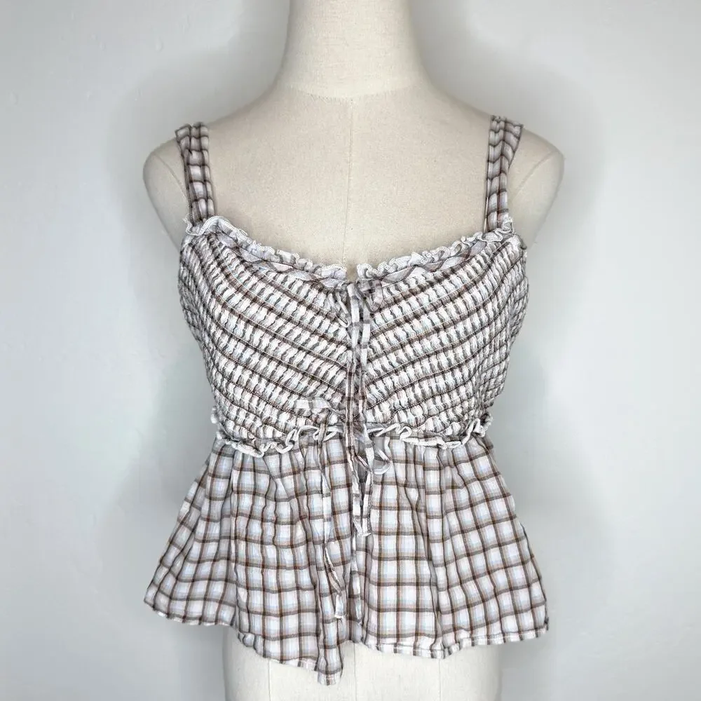 American Eagle Smocked Babydoll Cami Top Womens Small Blue Brown Plaid Tank